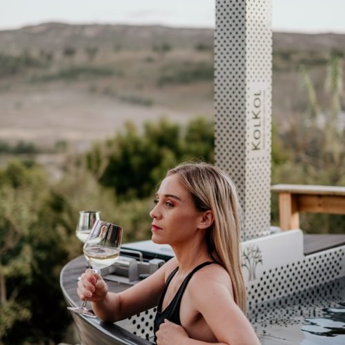 Journey With Justine Drinking A Glass Of Wine In Hot Tub